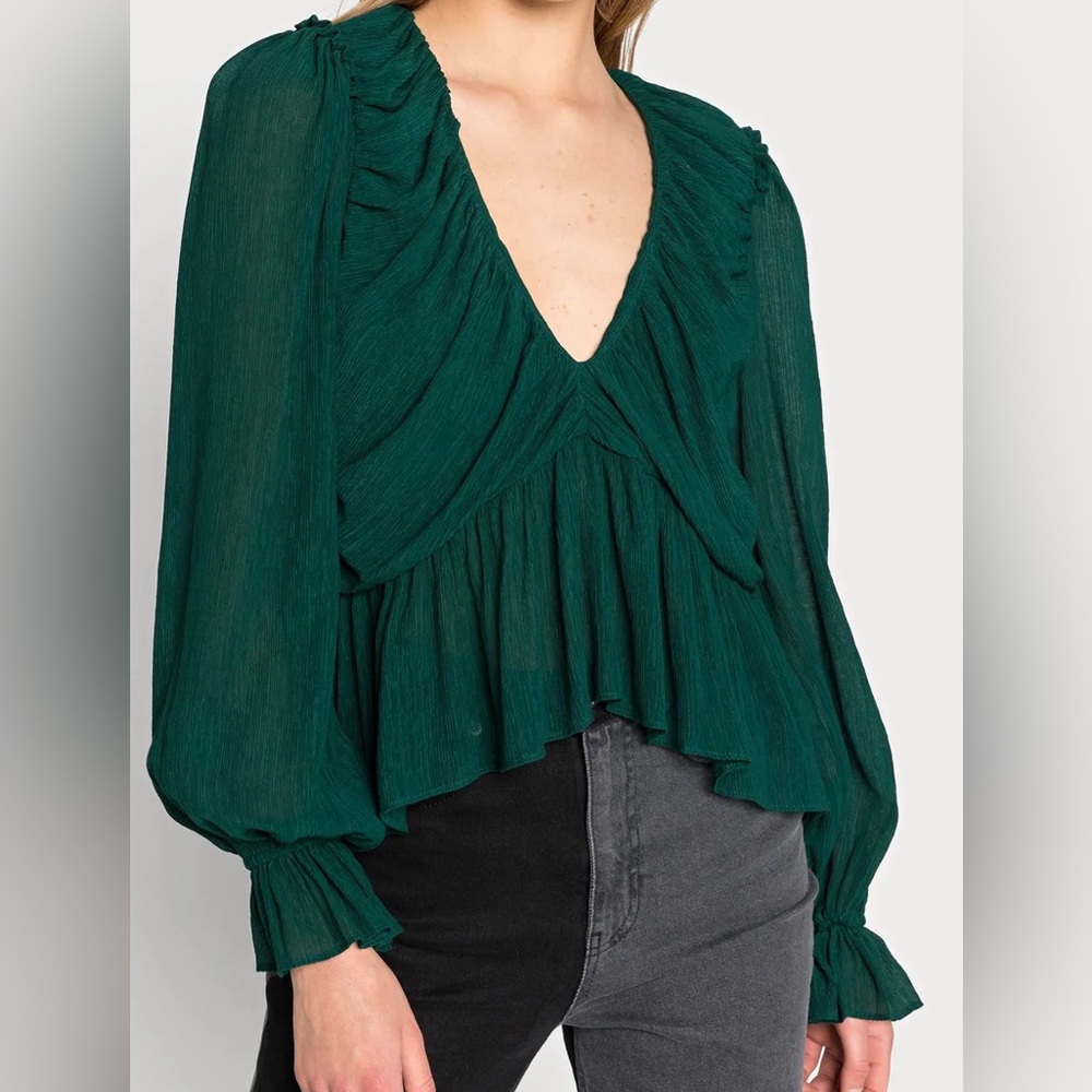 Free People Daia Deep Green Long Sleeve Ruffled Blouse V Neck‎ - Small